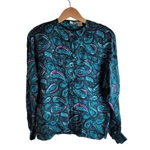 Omanti Womens Paisley Silk Button Down Shirt size 6 Multi Long Sleeve Vintage
